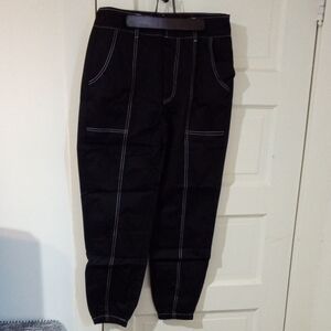 Black Cropped Ankle Pants with White Contrast Stitching